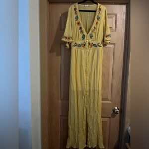 Altard State Maxi Dress Women Large Yellow Button Floral Embroidered Boho Hippie